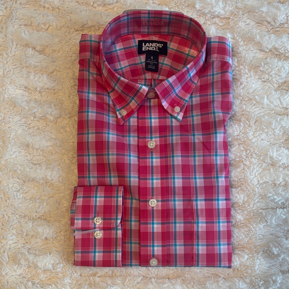 Lands' End Men's Red and Blue Checkered Shirt